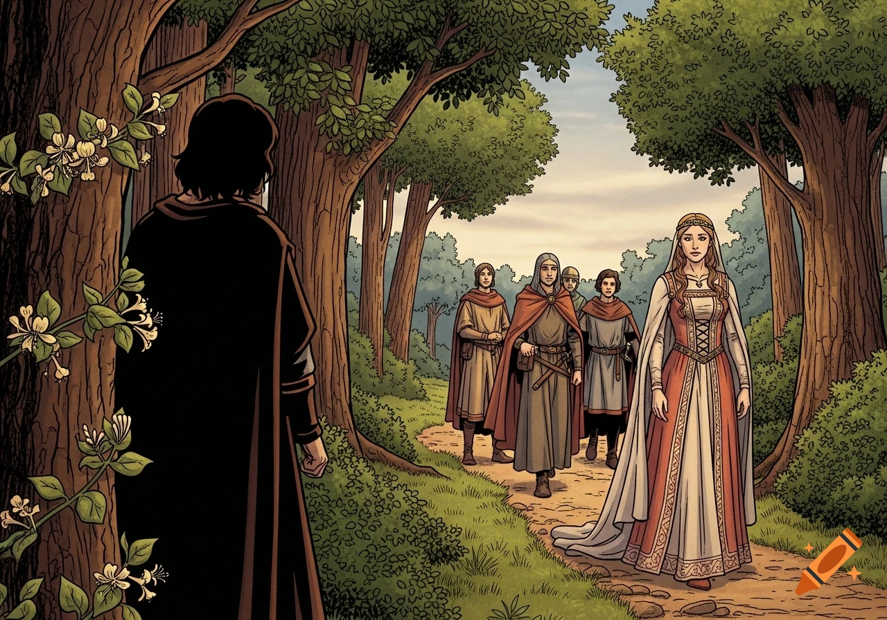 A medieval comic art illustration of a melancholic woman in a red and white gown walking with her entourage on a forest path as a figure in a dark robe walks away into the trees, with honeysuckle on a tree trunk.