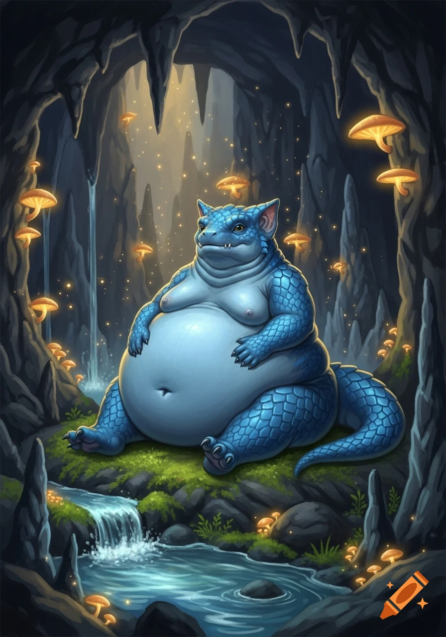 An obese, blue, scaly, reptilian creature with a large belly sits on moss beside a stream in a mystical cave filled with glowing mushrooms.
