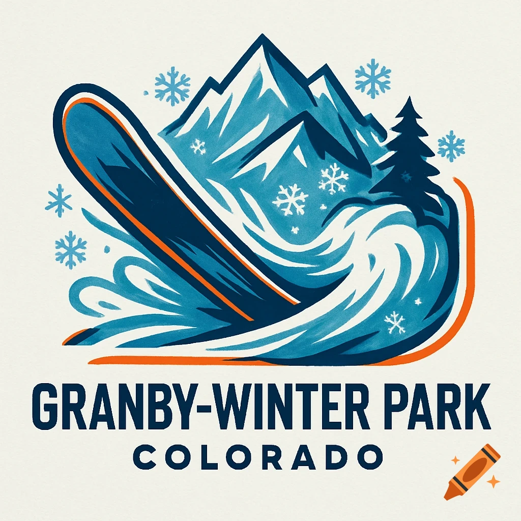 Stylized winter sports logo with a snowboard, mountains, pine tree, and snowflakes, reading GRANBY-WINTER PARK COLORADO.