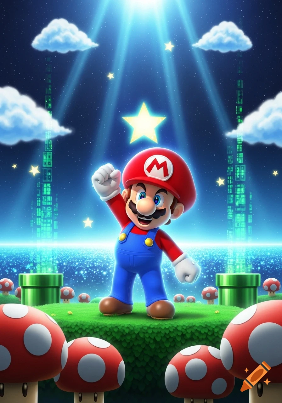 Super Mario stands triumphantly under a bright star and glowing beams in a fantastical landscape with pipes and mushrooms.