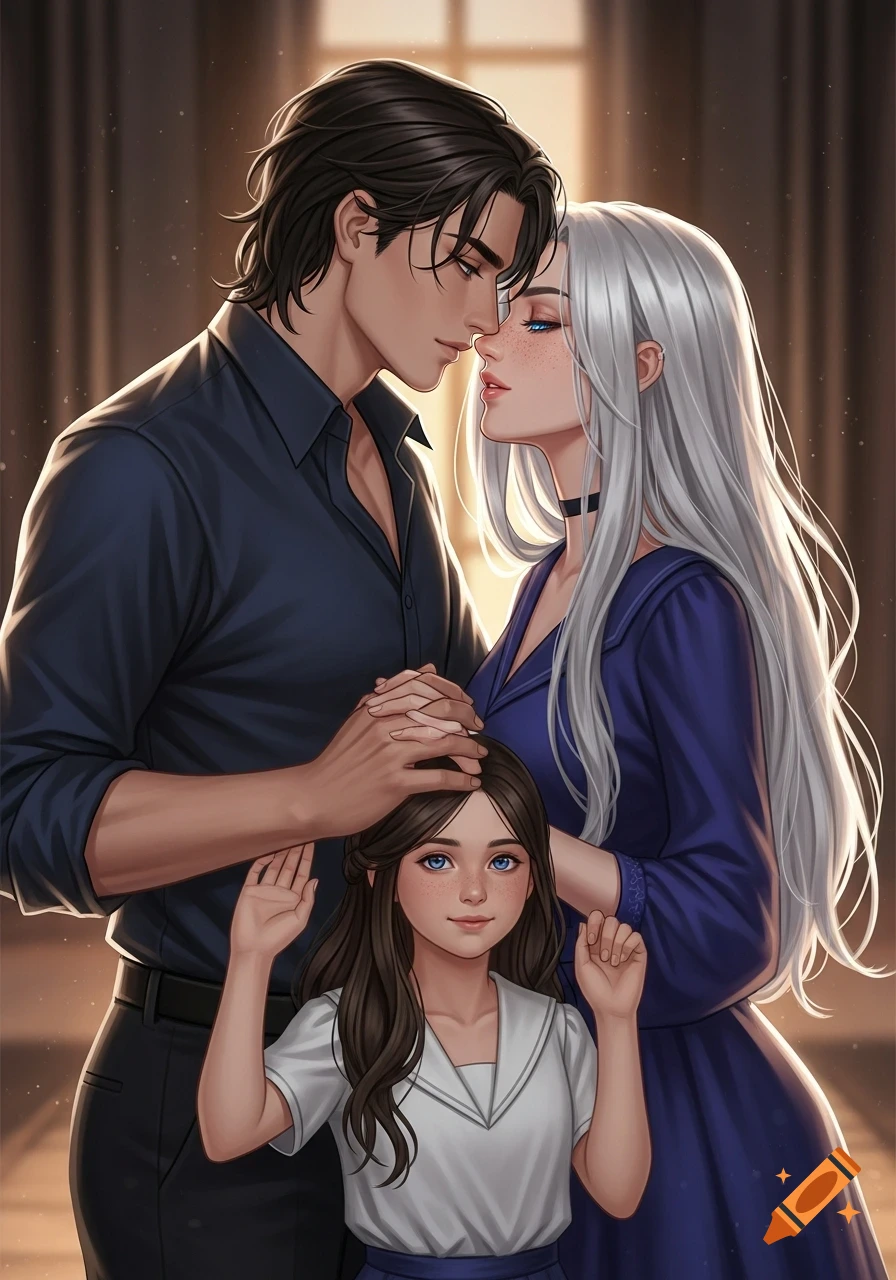 An anime illustration of a man and woman leaning in to kiss, holding hands, with a smiling young girl in front of them.