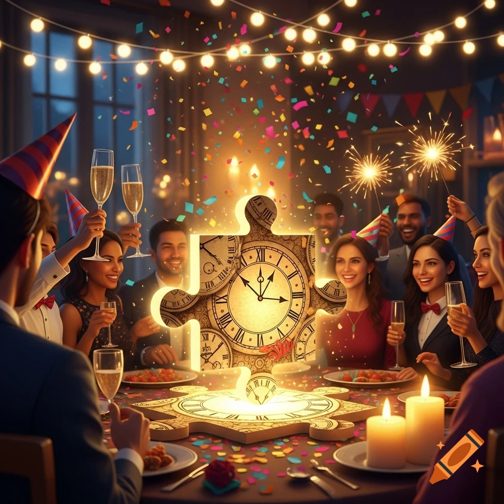 A lively New Year's Eve party with people raising glasses, confetti falling, and sparklers. A glowing puzzle piece with clock faces is centered on the table.