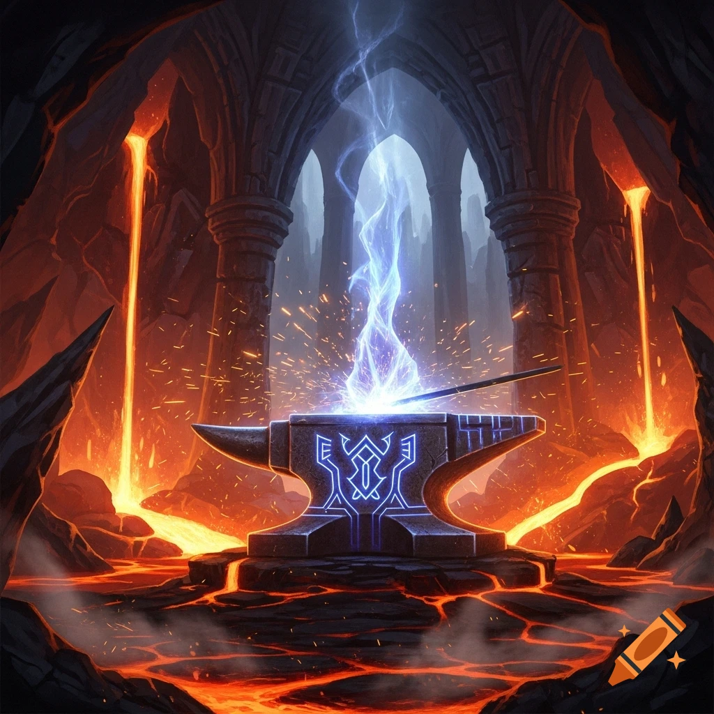 A magical anvil glowing with blue energy and sparks, set in a volcanic forge surrounded by flowing lava and gothic arches.