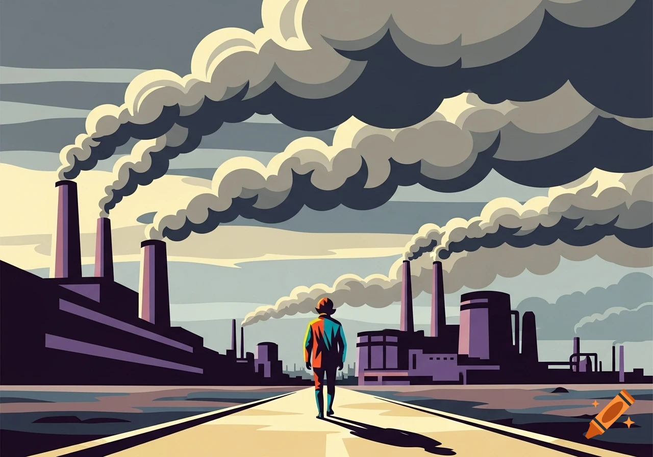 A person walks on a road toward a sprawling industrial complex with smoking chimneys under a grey sky, in a graphic art style.