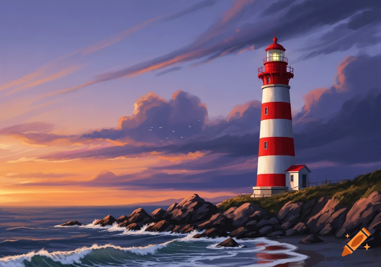 A vibrant illustration of a red and white striped lighthouse on a rocky coast during a colorful sunset, with waves crashing.