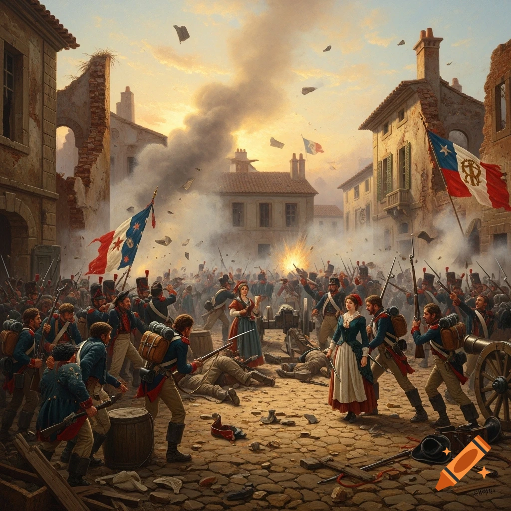An oil painting depicting a chaotic revolutionary battle in a damaged town square at sunset, with many soldiers fighting and two women observing amidst the action.