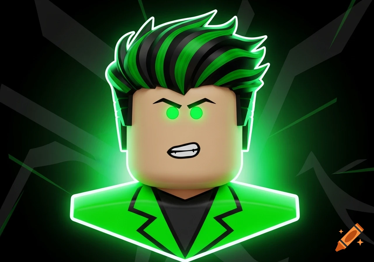 A Roblox character's head and upper body with black and green striped hair, glowing green eyes, and a neon green jacket, against a dark, glowing background.