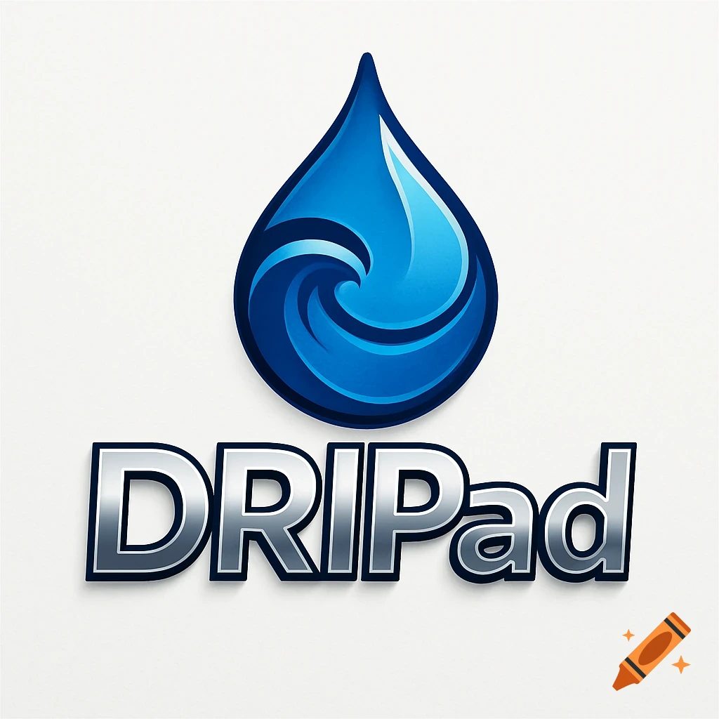 A blue water droplet logo with a stylized wave inside, above the silver 3D text "DRIPad" on a white background.