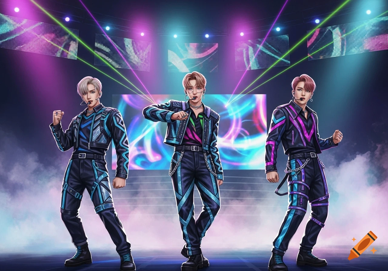 Three male K-pop performers in cyber-punk inspired outfits strike dynamic poses on a stage with vibrant neon lights.