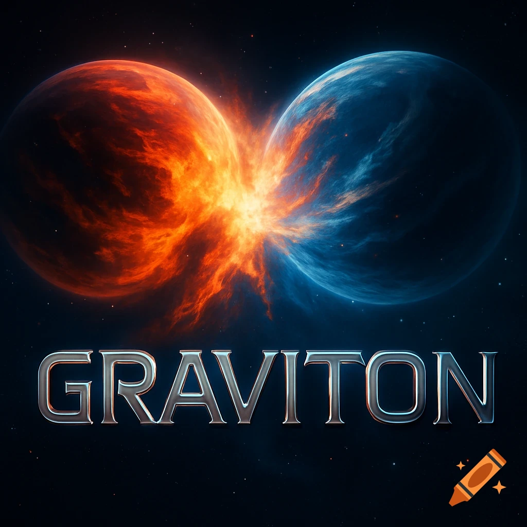 Two red-orange and blue planets collide in a cosmic explosion, with a metallic 'GRAVITON' logo below, against a starfield.