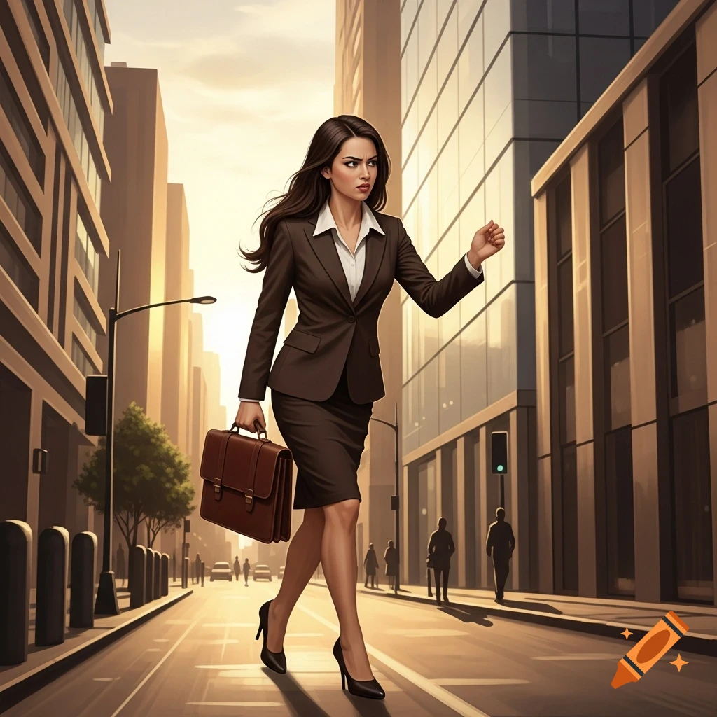 A young woman in a brown business suit and heels, holding a briefcase, strides purposefully down a city street at sunset, with an annoyed expression.