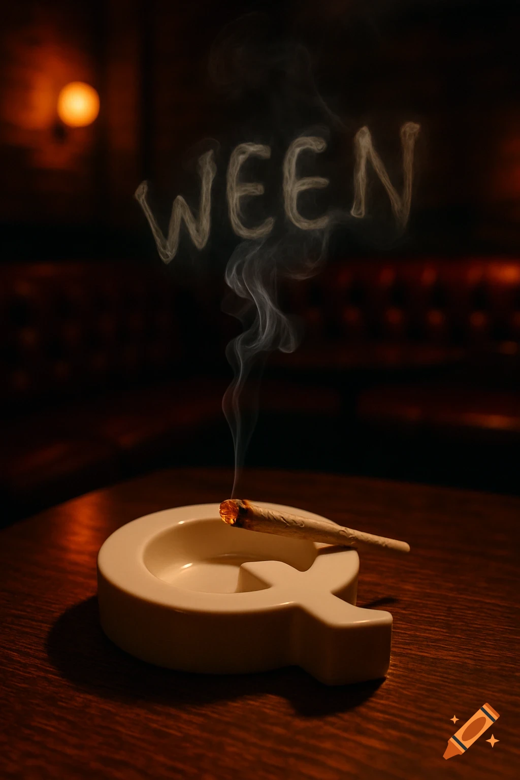 A lit joint rests in a Q-shaped ashtray on a wooden table, with smoke rising to form the word 'WEEN' against a dark, warm-lit background.