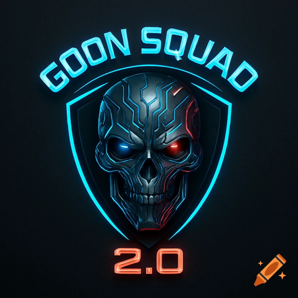 A futuristic cybernetic skull logo with glowing eyes in a neon blue shield, featuring neon blue 'GOON SQUAD' and neon orange '2.0' text.
