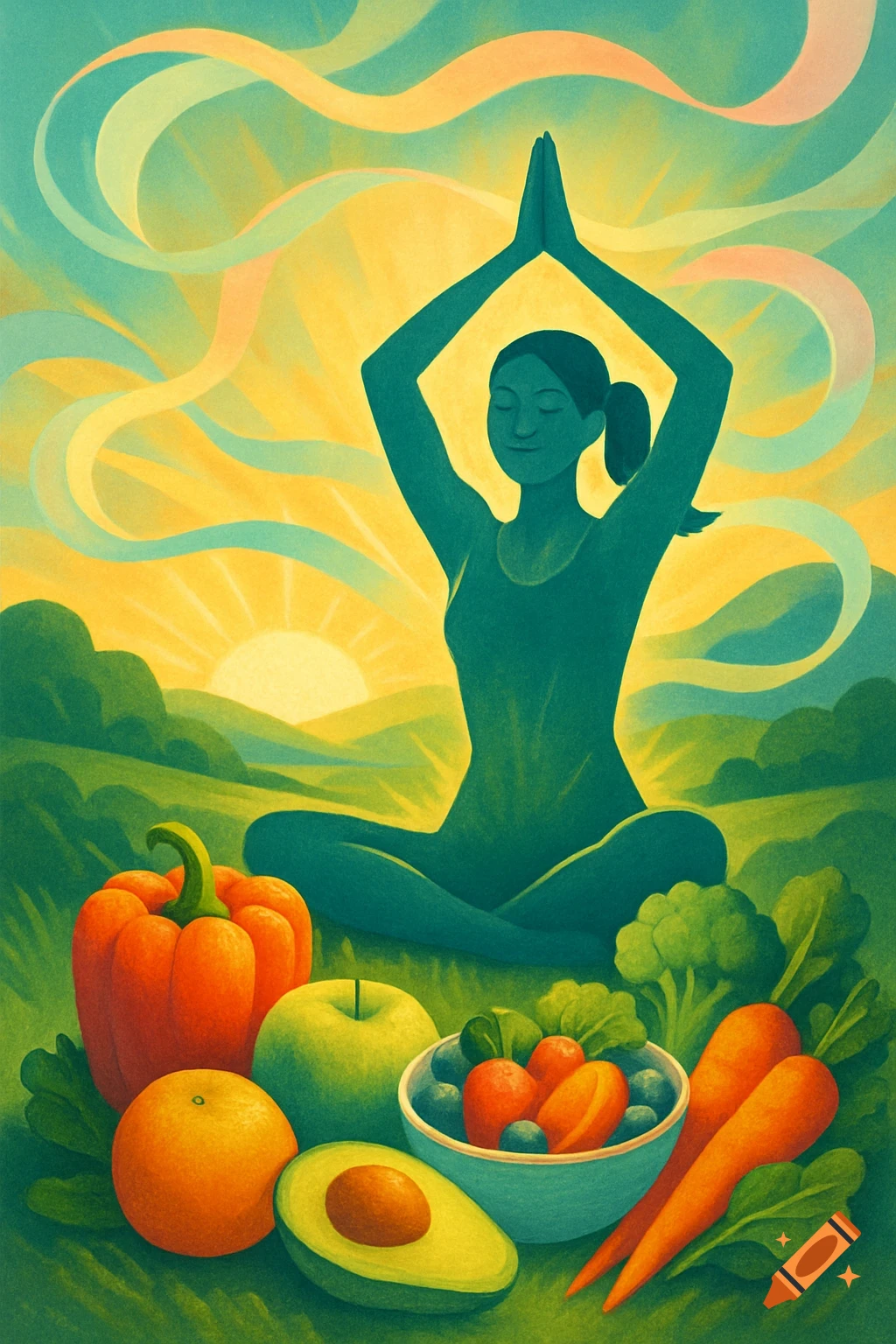 A stylized illustration of a person meditating in a yoga pose outdoors, surrounded by various fresh fruits and vegetables under a vibrant sky.