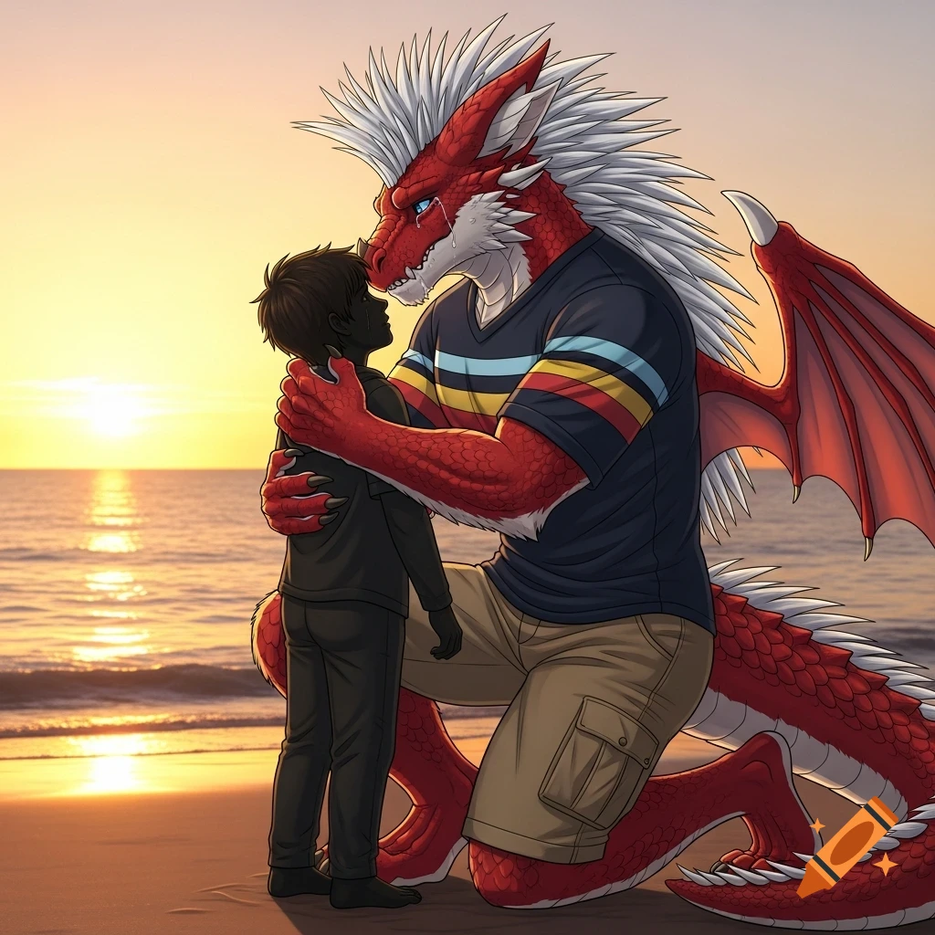A large, red anthropomorphic dragon with a white spiky mohawk, wearing shorts and a striped shirt, kneels on a beach at sunset, hugging a silhouetted boy while crying.