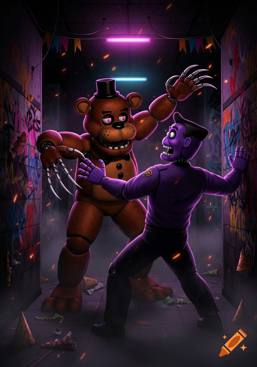 Freddy Fazbear with clawed hands attacking the Purple Guy in a dark, graffiti-covered hallway with neon lights and debris.