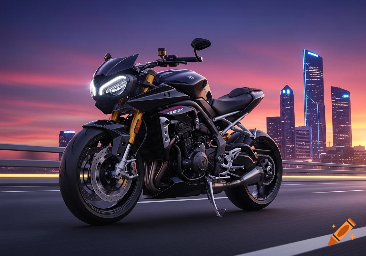 A sleek black motorcycle with glowing headlights on a highway overpass at sunset, with a modern city skyline in the background.