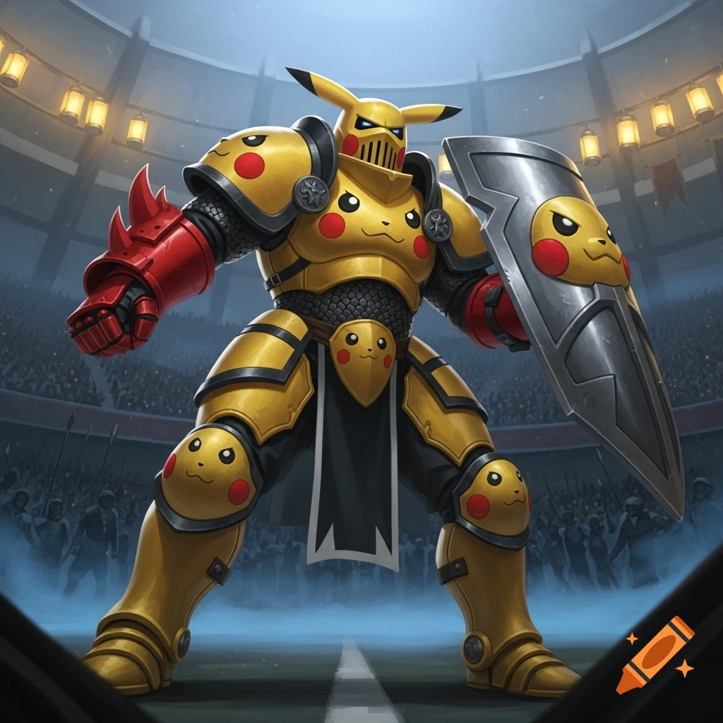 A knight in Pikachu-themed yellow and black armor with a red gauntlet and a Pikachu shield stands in a coliseum.