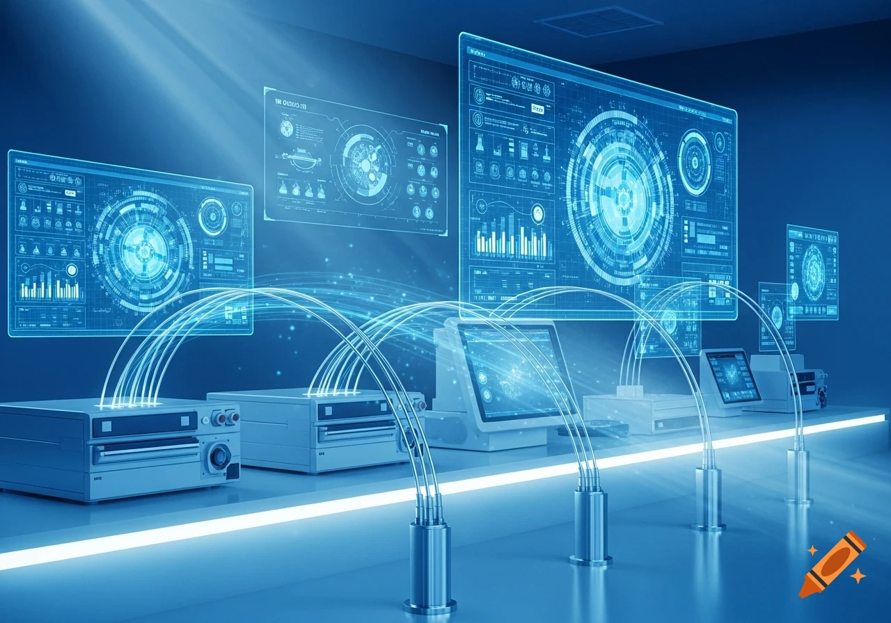 A futuristic server room with multiple glowing blue holographic screens displaying complex data, connected by illuminated cables.