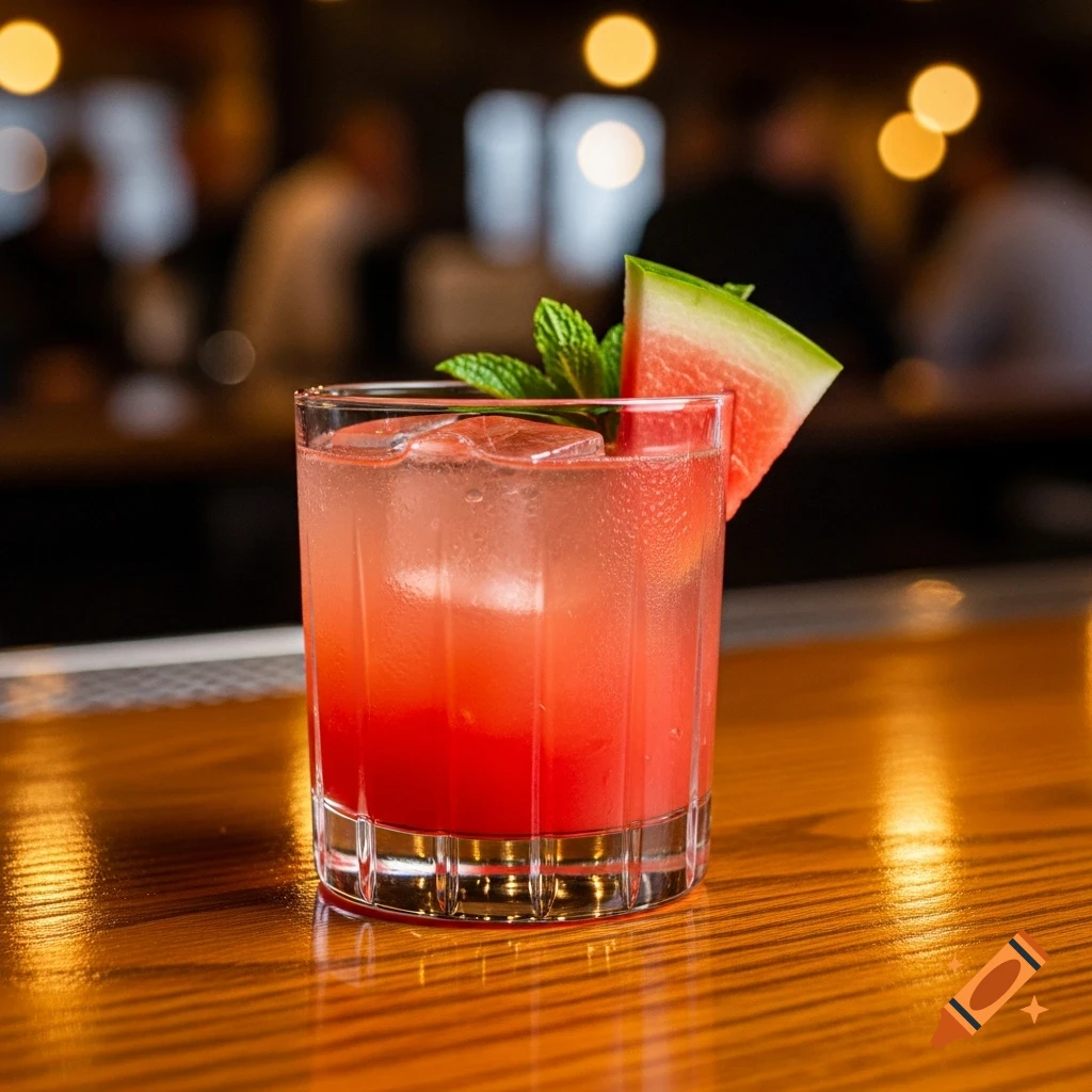 Vibrant red cocktail with ice, watermelon slice, and mint sprig on a glossy wooden bar counter.