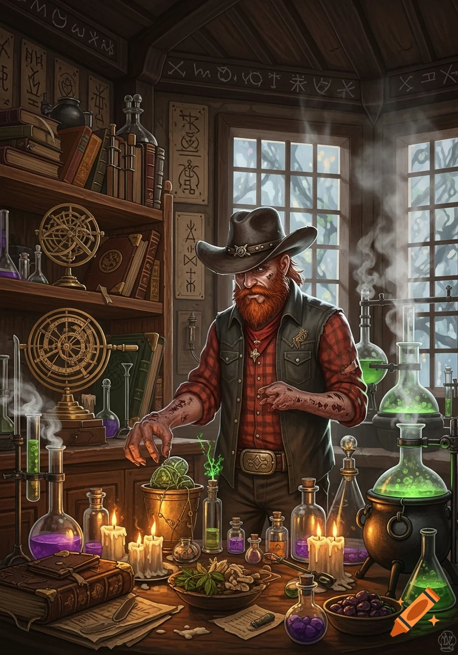 A red-bearded man in a cowboy hat and plaid shirt, a 'redneck wizard,' works in a rustic, glowing alchemy lab with bubbling potions and occult symbols.
