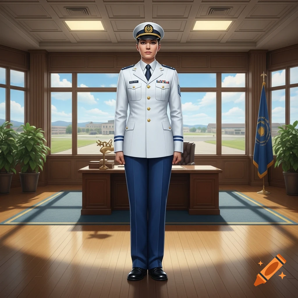A photorealistic full-body portrait of a woman in a white and blue military uniform and a garrison cap, standing in an office.