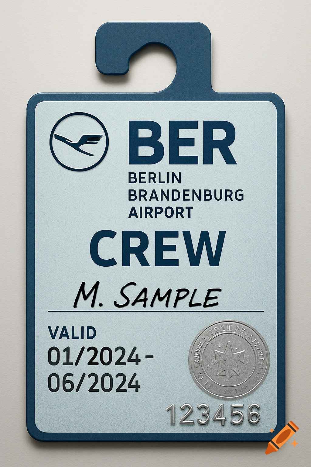 A close-up, photorealistic image of a blue and light blue airport parking permit for BER Berlin Brandenburg Airport crew, with text M. SAMPLE, valid dates 01/2024-06/2024, and ID 123456.