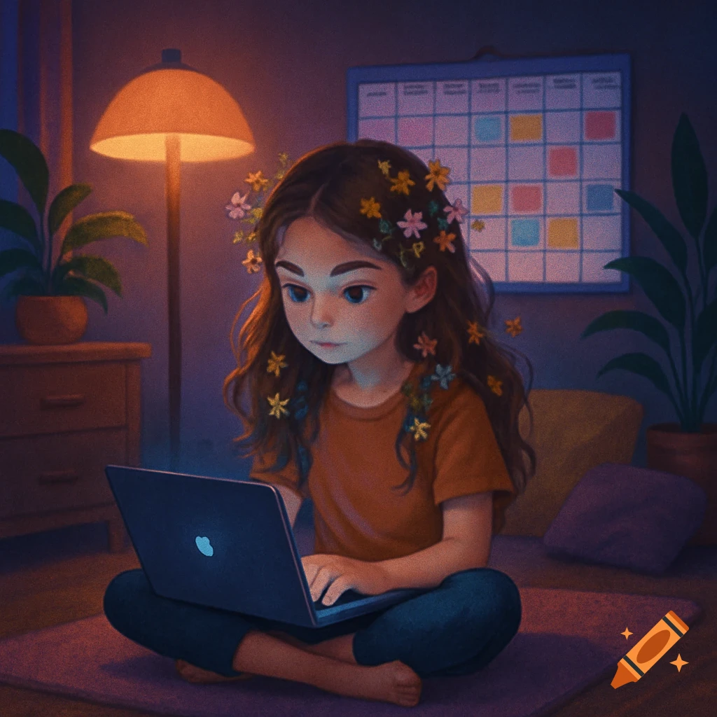 An illustrated girl with flowers in her hair sits cross-legged, using a glowing laptop in a warmly lit room with a calendar.