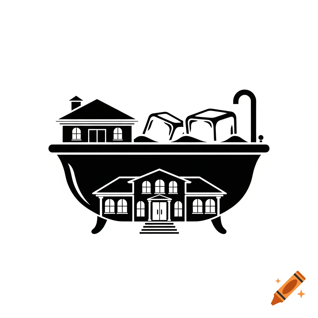 Minimalist black and white icon of a villa inside a bathtub with ice cubes and a faucet.
