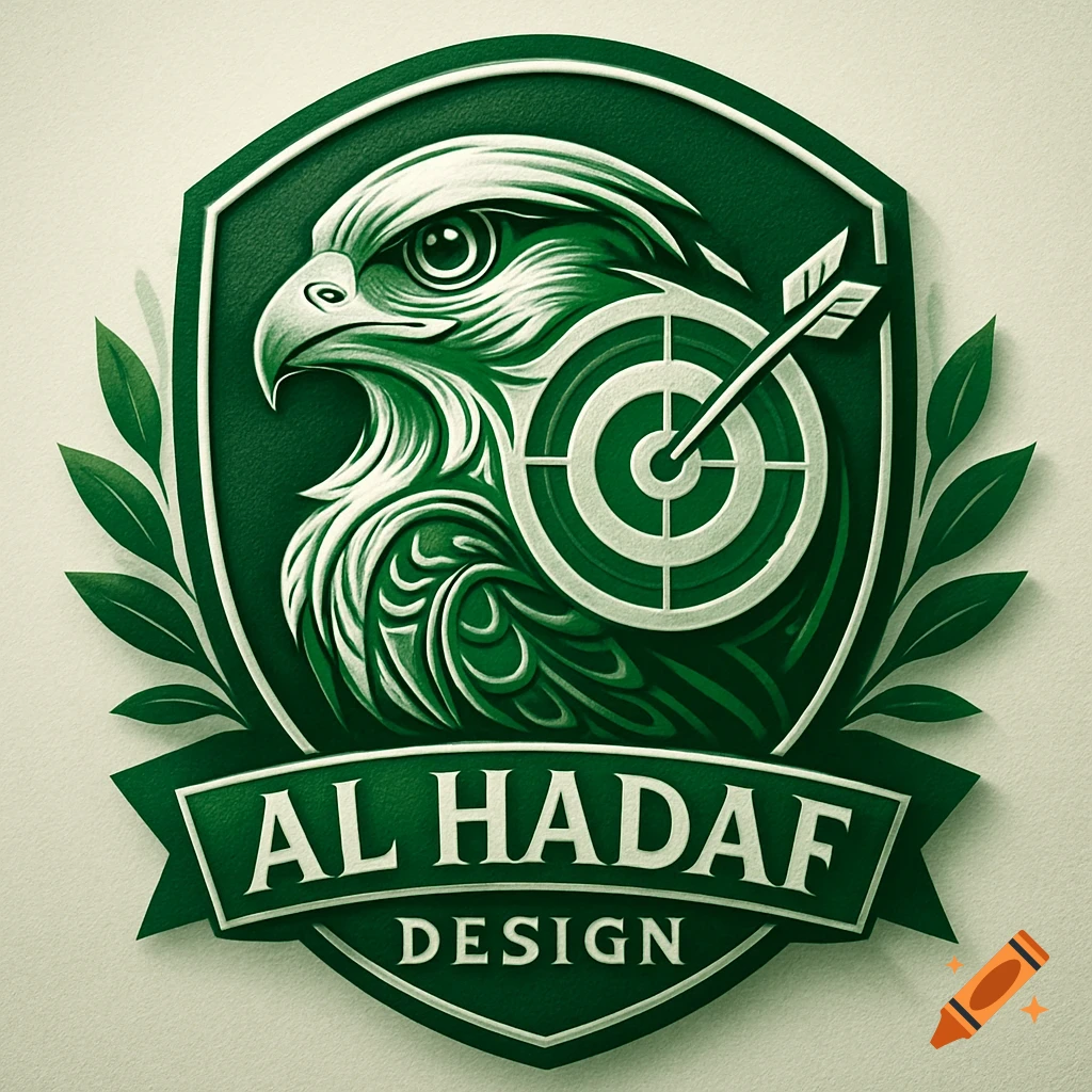 Green and white crest logo with a stylized falcon head merged with an archery target, featuring the text 'AL HADAF DESIGN'.