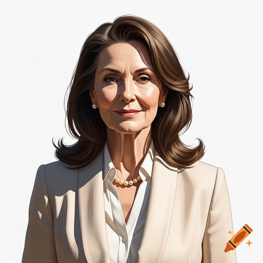 Stylized portrait of an older woman with brown hair, wearing a white shirt and light blazer against a white background.