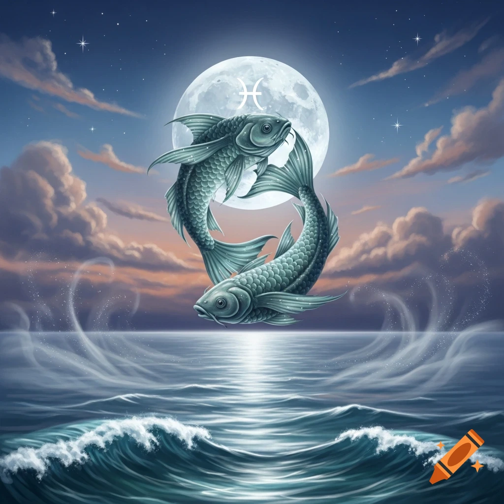 Two stylized fish forming the Pisces zodiac symbol in front of a full moon over a moonlit ocean at night, under a starry sky.