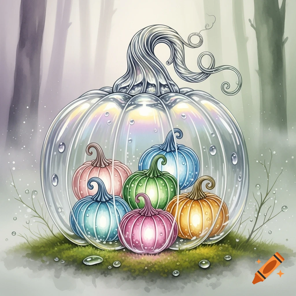 A watercolor illustration of a glistening clear glass pumpkin containing smaller colorful glass pumpkins on grassy ground.
