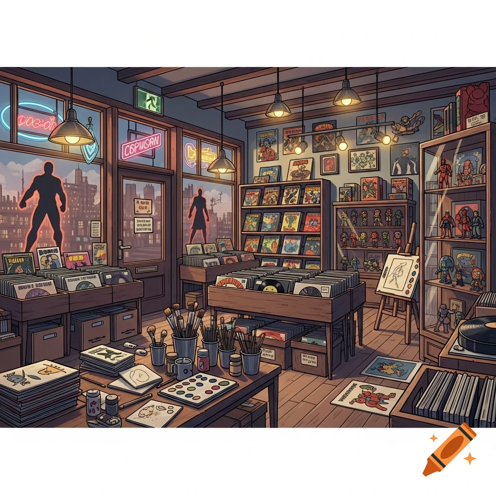 Cartoon illustration of a store interior selling comic books, vinyl records, art supplies, and superhero collectibles.