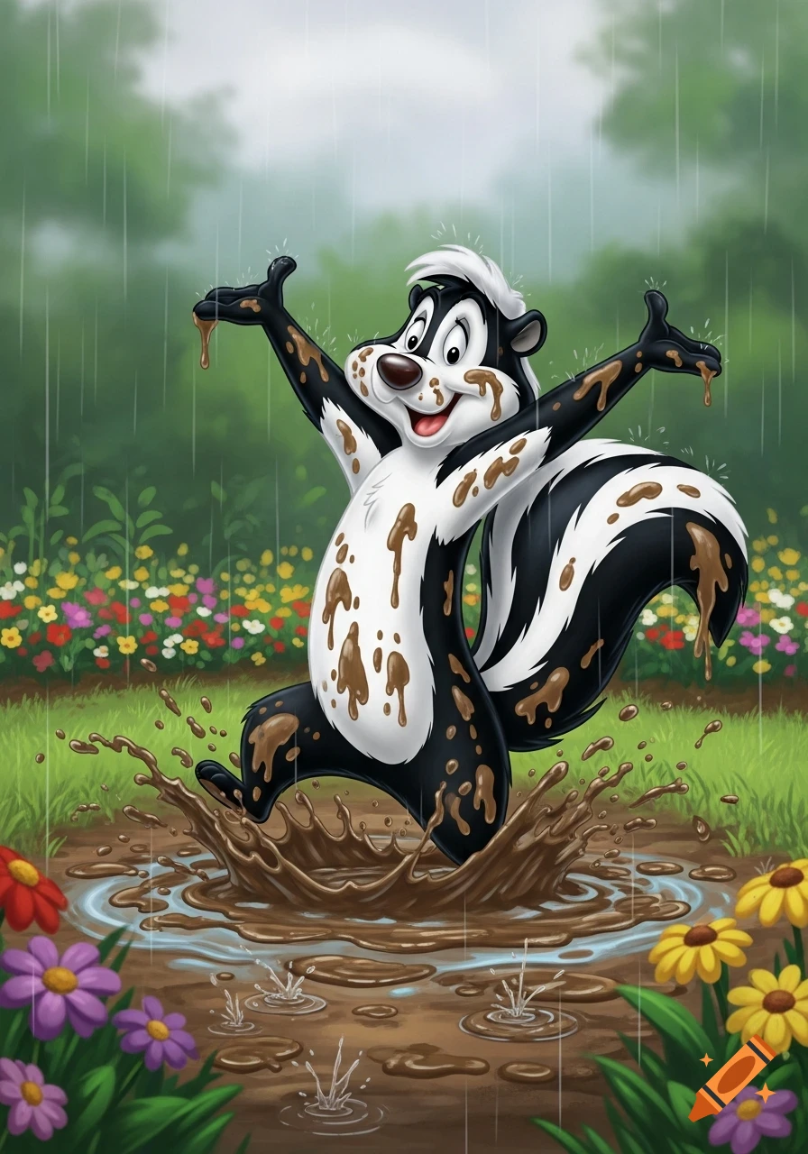 Pepe Le Pew, a cartoon skunk, joyfully splashes in a muddy puddle during a rainy day, surrounded by colorful flowers.
