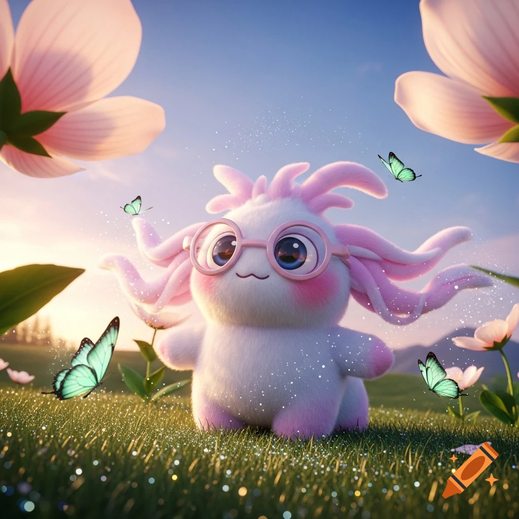A fluffy white and pink fantasy creature with glasses sits in a grassy field, surrounded by pink flowers and green butterflies, under a clear sky.