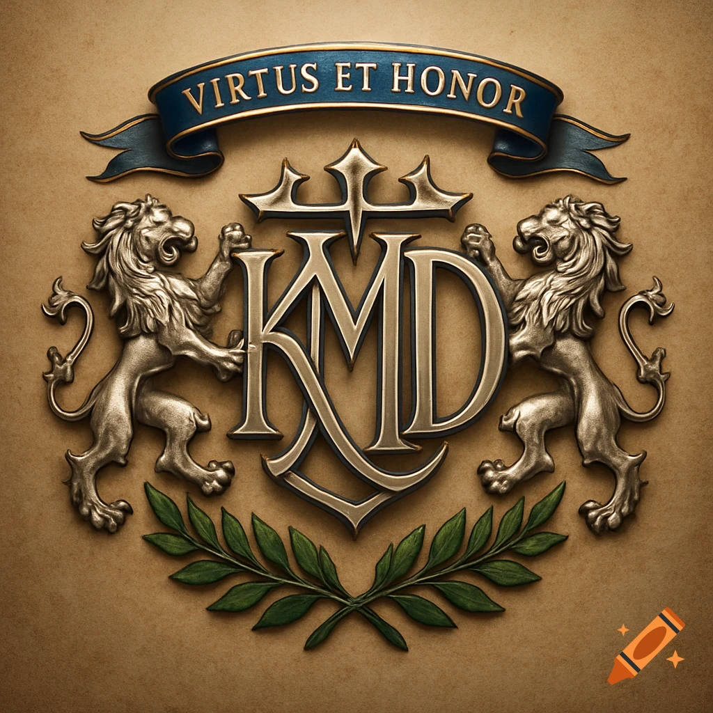 A detailed golden and silver coat of arms with a KMD monogram, flanked by two rearing lions, a banner reading 'VIRTUS ET HONOR', and a green laurel wreath.