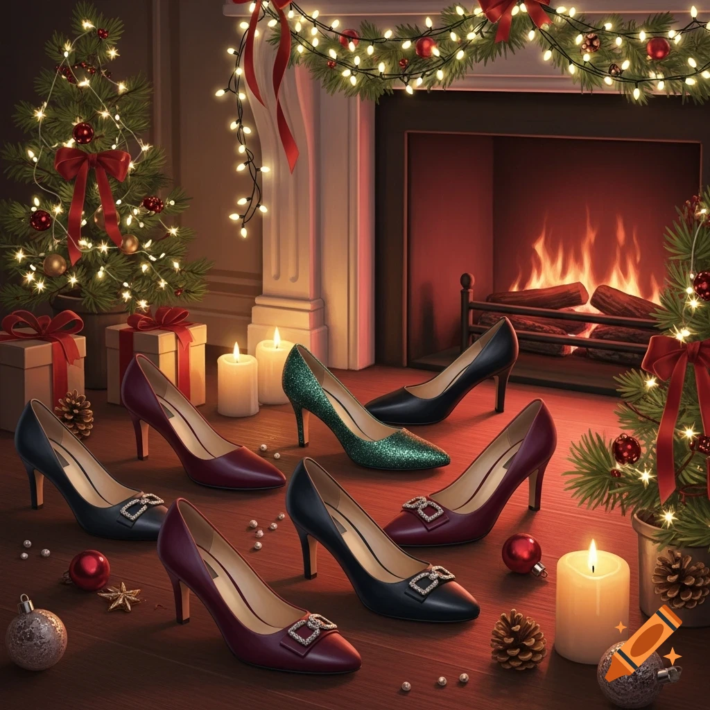 Multiple pairs of women's high heels, including red, black, and green, on a wooden floor in a Christmas setting with a fireplace and trees.