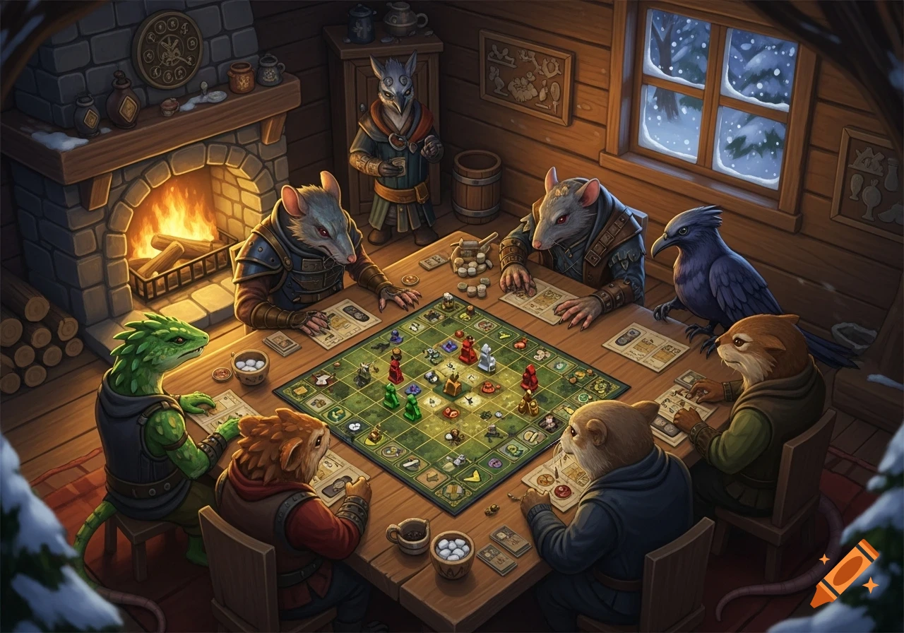 Anthropomorphic animals play a fantasy board game in a cozy cabin with a fireplace, seen through a snowy window.