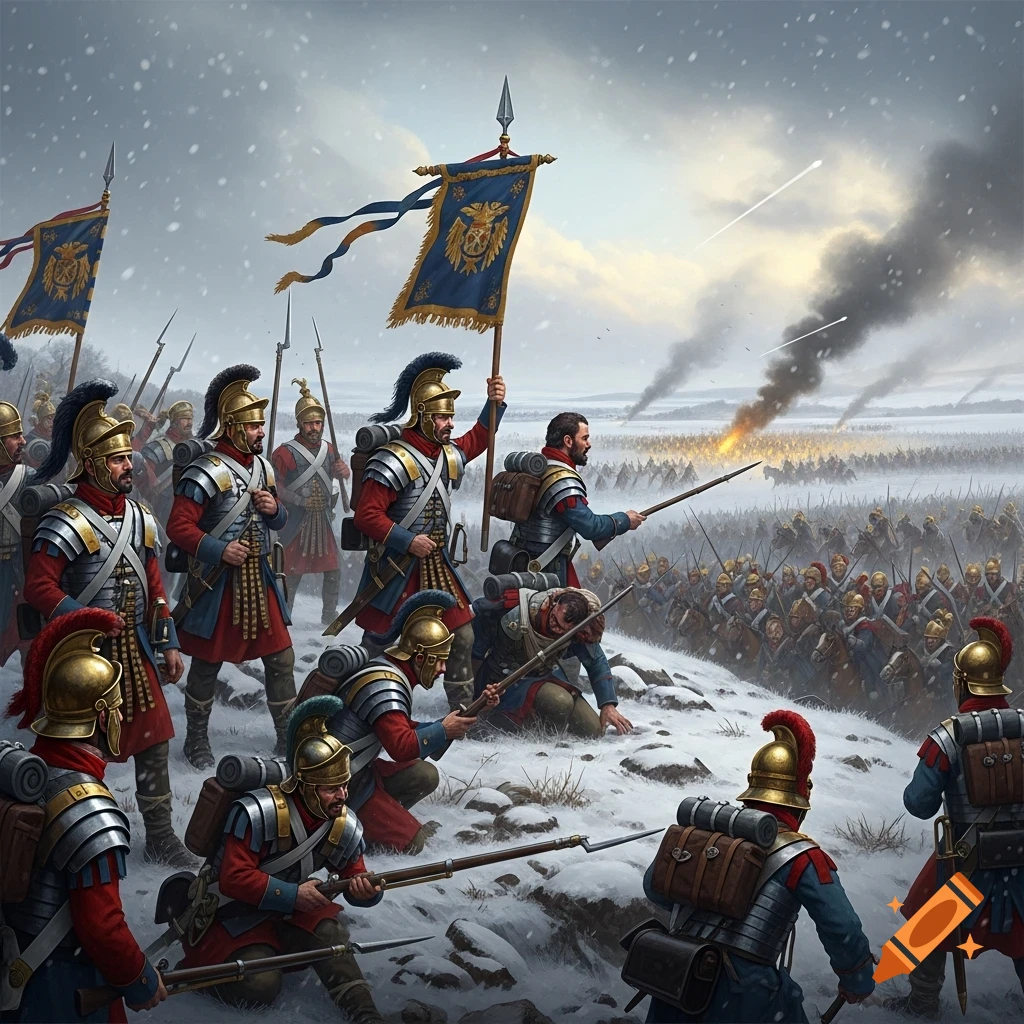 Imperial infantry in Roman-Napoleonic hybrid uniforms regroup on a snowy hill during battle, looking at a distant cavalry charge.