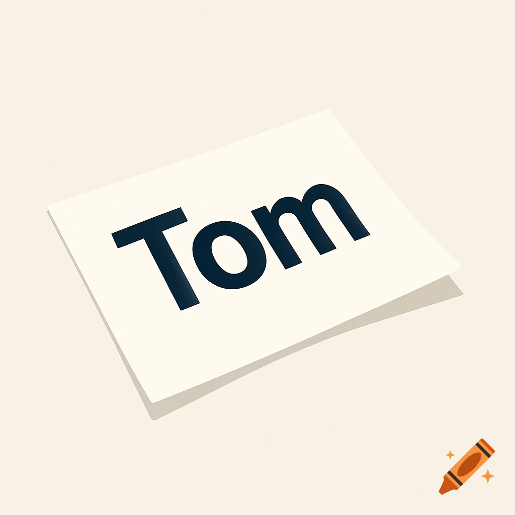 A white piece of paper with the name "Tom" written in dark letters, casting a subtle shadow on a light background.