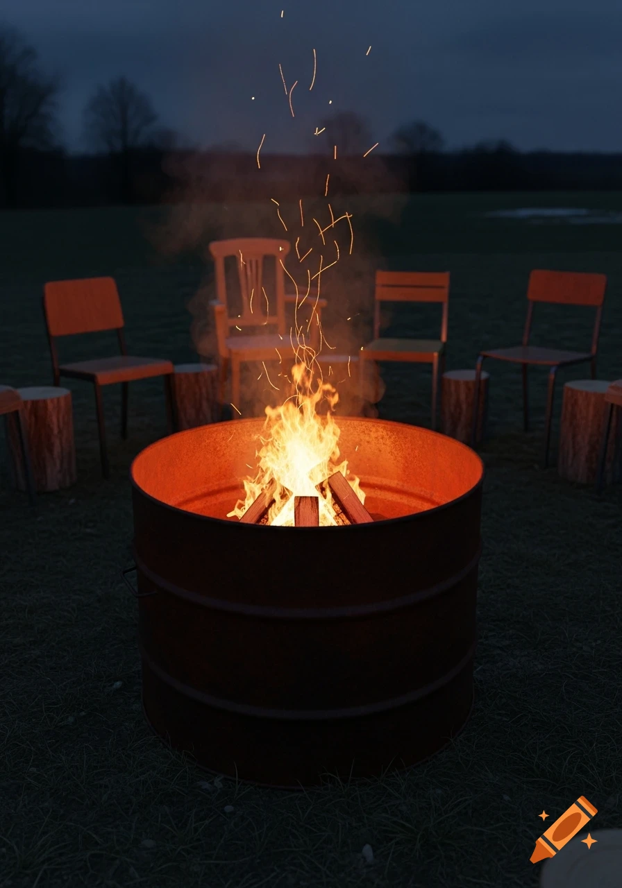 A photorealistic image of a fire pit with a roaring fire and sparks, surrounded by chairs and tree stumps in a dark grassy field at night.