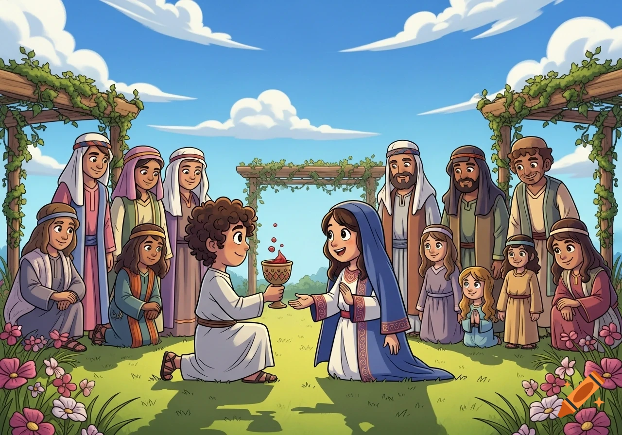 A cartoon illustration of a young boy on one knee offering a cup to a young girl, surrounded by people in biblical attire.