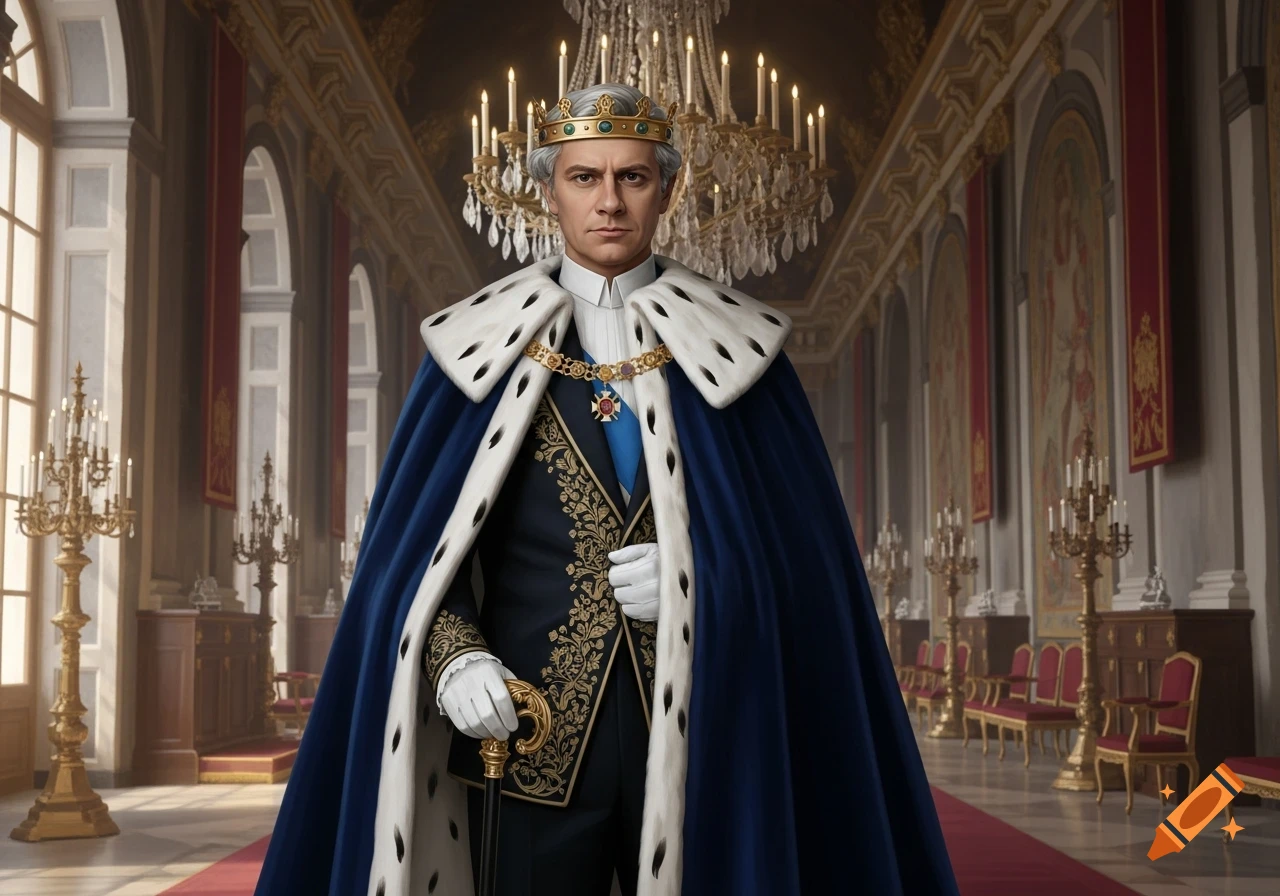 A man dressed as a king in a blue and white fur-trimmed cape and gold crown, holding a scepter, stands in a grand palace hall.