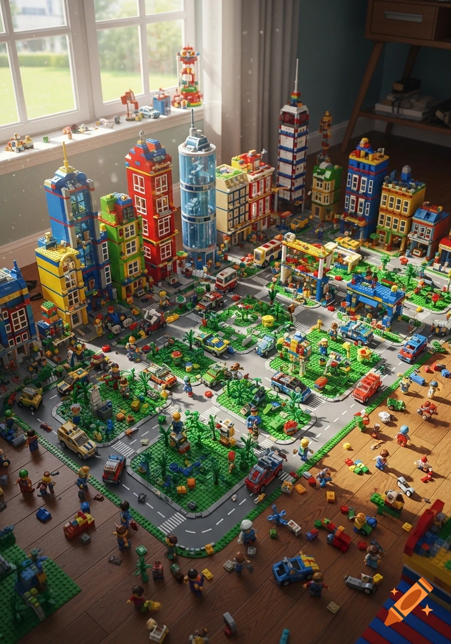 A large, photorealistic Lego city set with colorful buildings, roads, cars, and minifigures on a wooden floor, lit by a window.