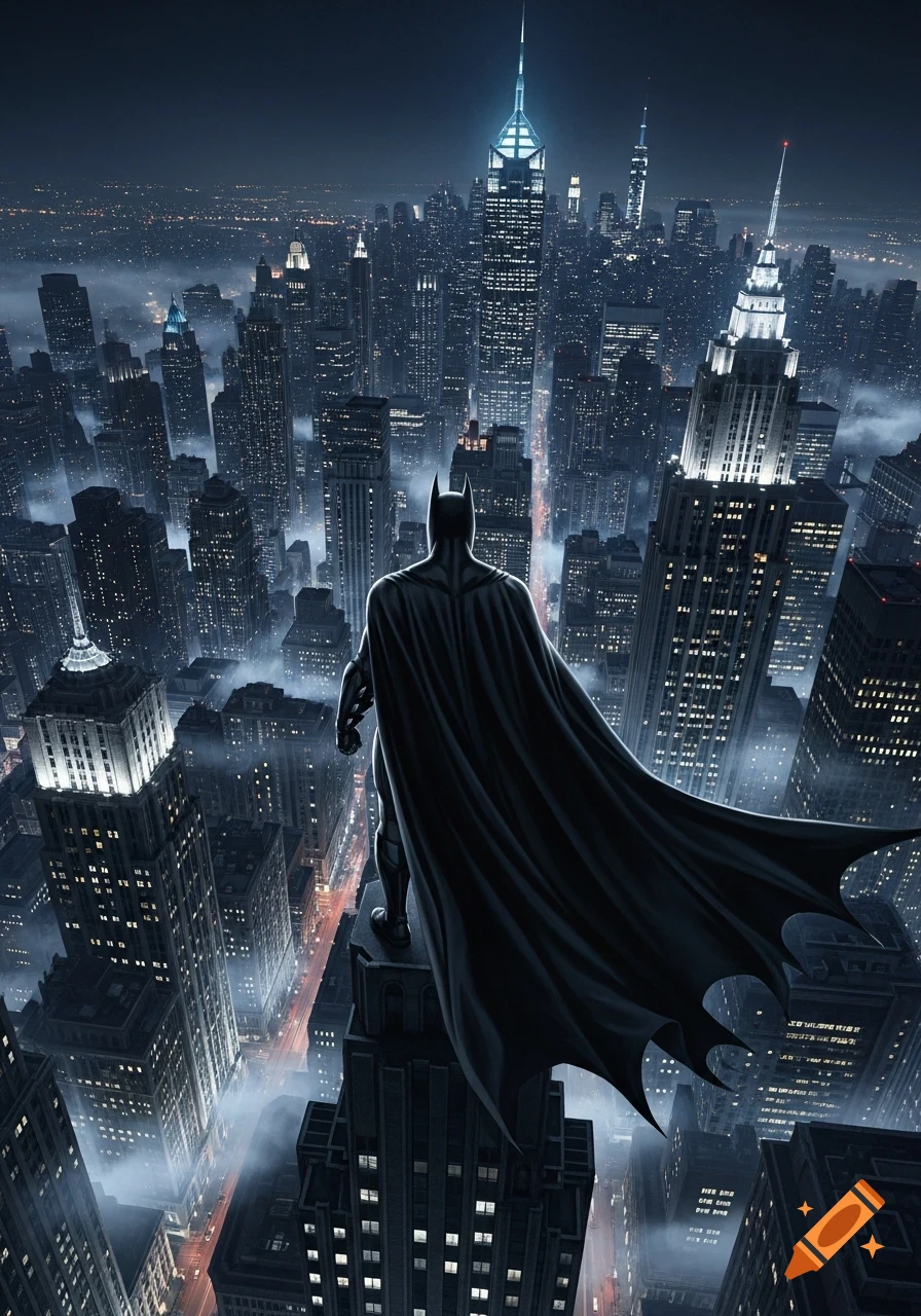 Batman stands on a dark skyscraper, looking out over a sprawling, misty ...