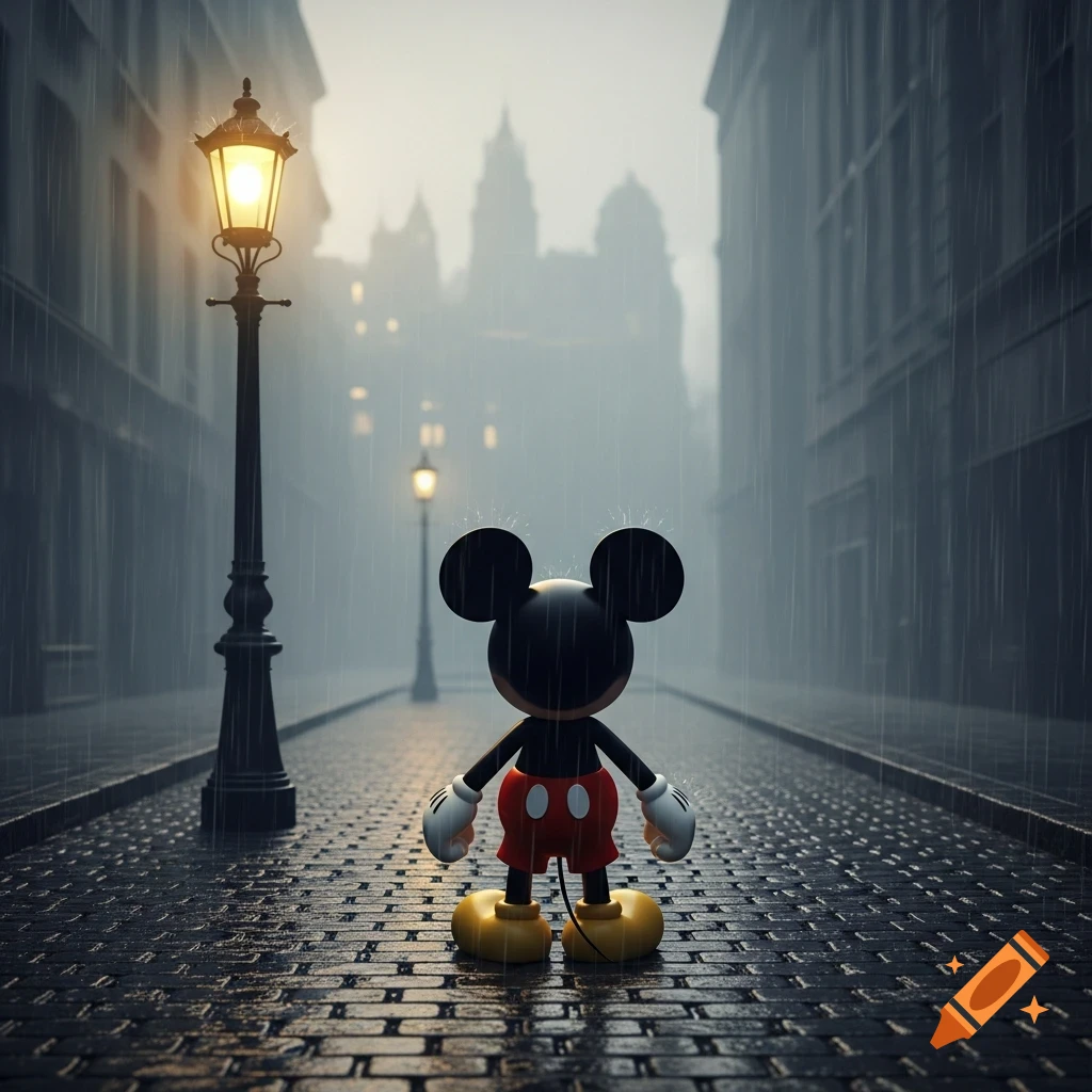 Mickey Mouse stands alone on a wet cobblestone street at night, illuminated by a lamppost, with distant buildings in the heavy rain.