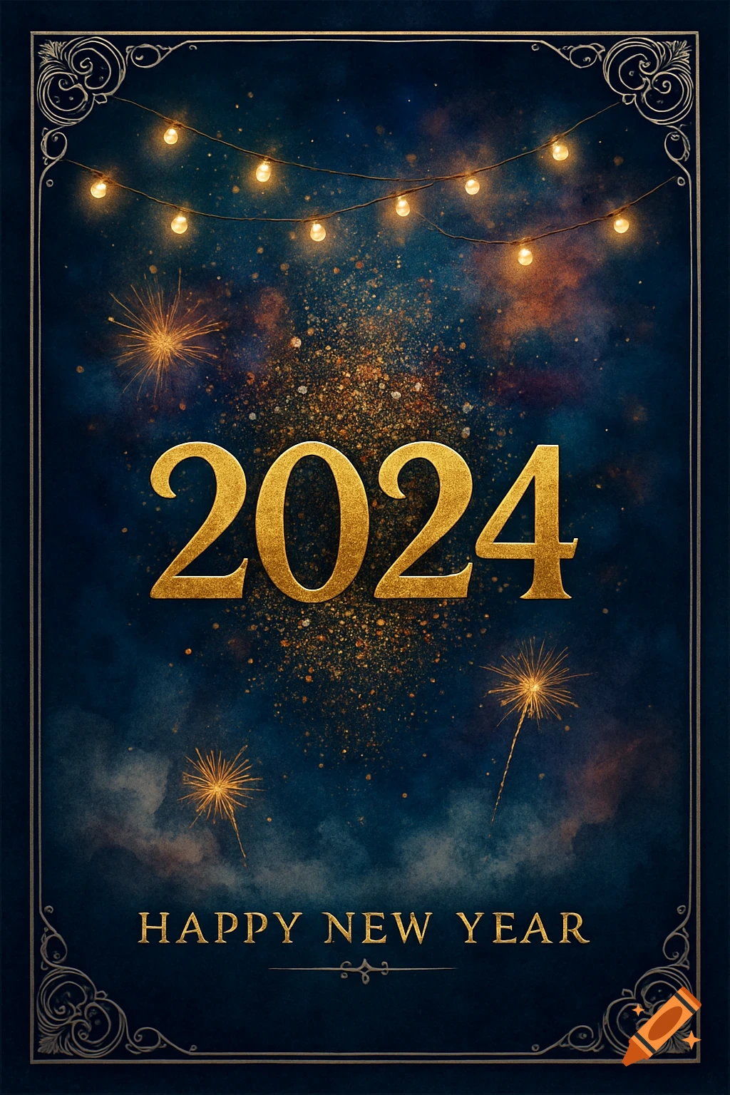 A festive New Year card features "2024" in gold, "HAPPY NEW YEAR" below, string lights, and golden fireworks against a dark blue and gold sparkling background with an ornate border.