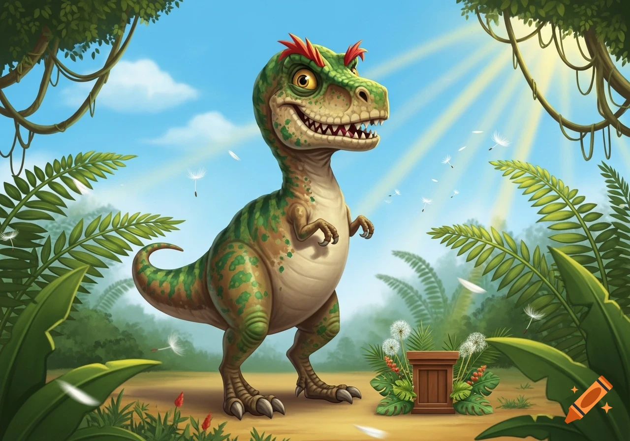 A cartoonish green dinosaur with red spiky crests, a wide smile, and spotted skin stands in a sunny jungle amidst ferns and vines.