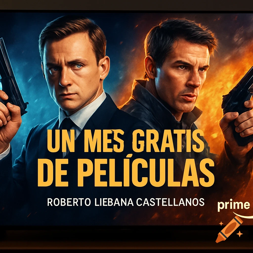 Cinematic movie poster with two men holding guns against an explosive background, promoting 'UN MES GRATIS DE PELÍCULAS' with the Prime logo.